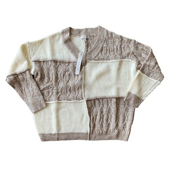 She + Sky Beige & Cream Knit Patchwork Oversized Chunky Sweater NWT Size Medium - Picture 1 of 5